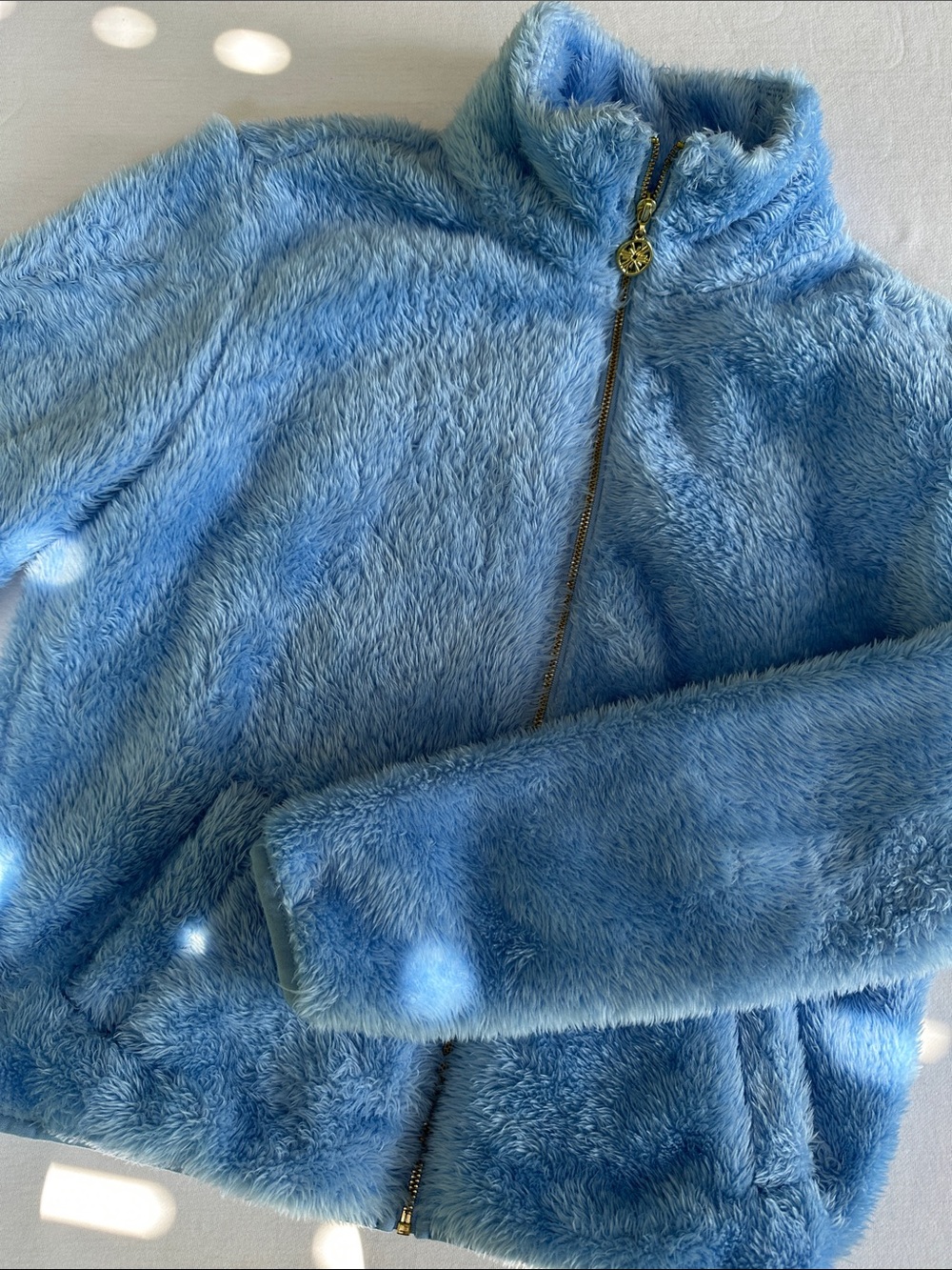 Lilly Pulitzer Sky Blue Plush Fuzzy Jacket with gold zipper. XXS